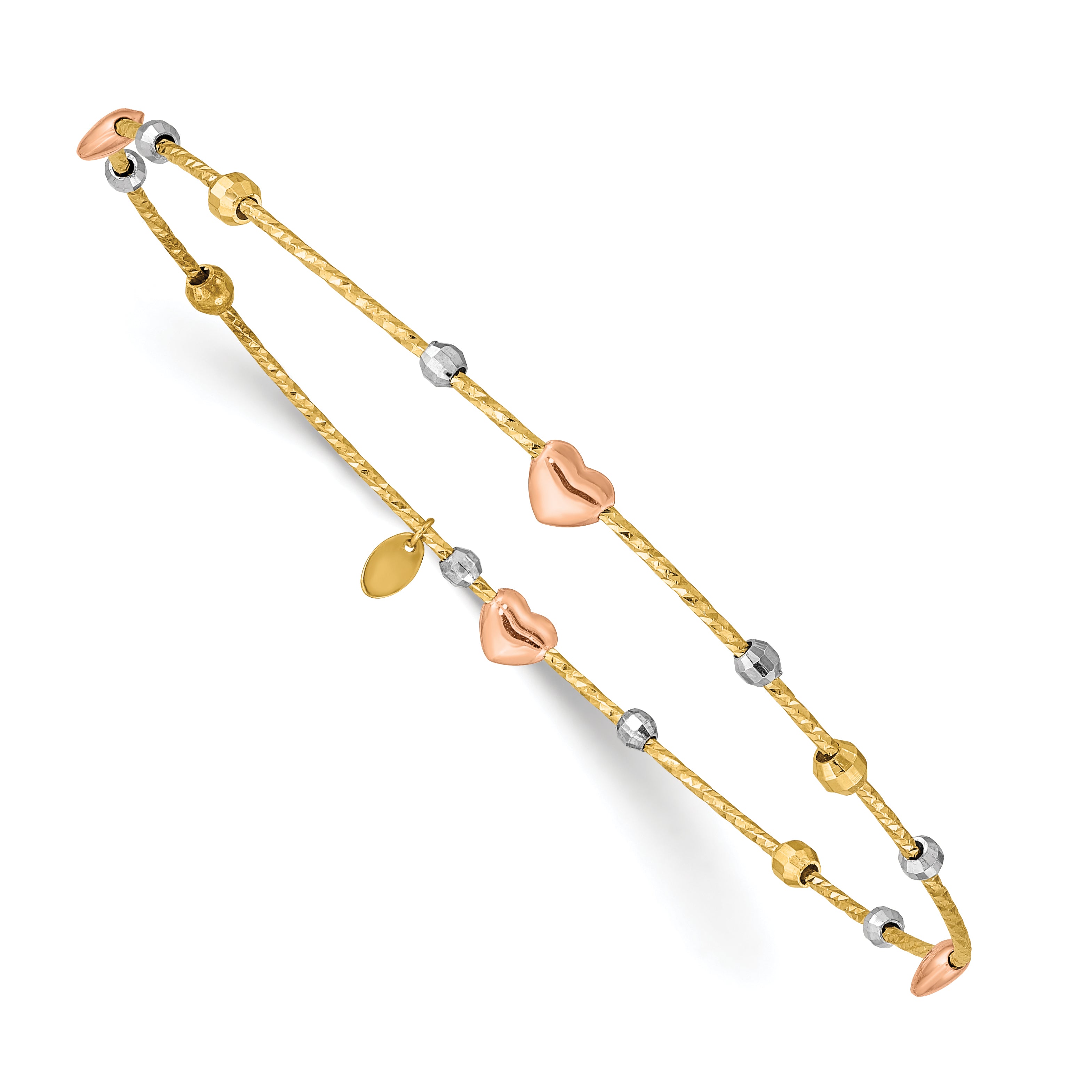 14k Tri-color Heart Diamond-cut Slip-on Bangle