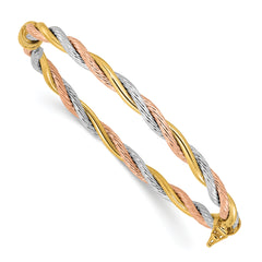 14K Tri-color Polished and Twisted Hinged Bangle Bracelet