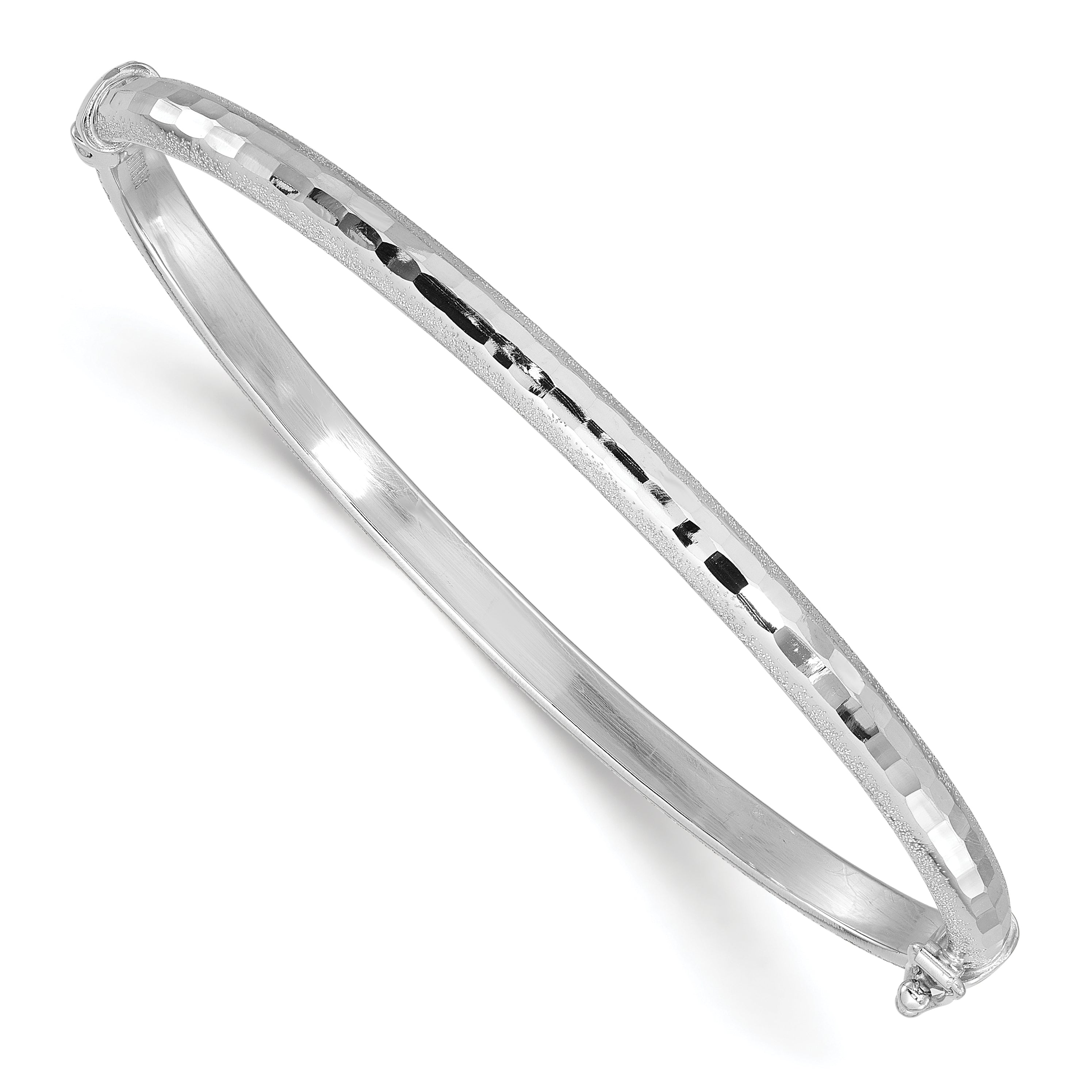 14K White Gold Diamond-cut and Laser-cut Hinged Bangle Bracelet