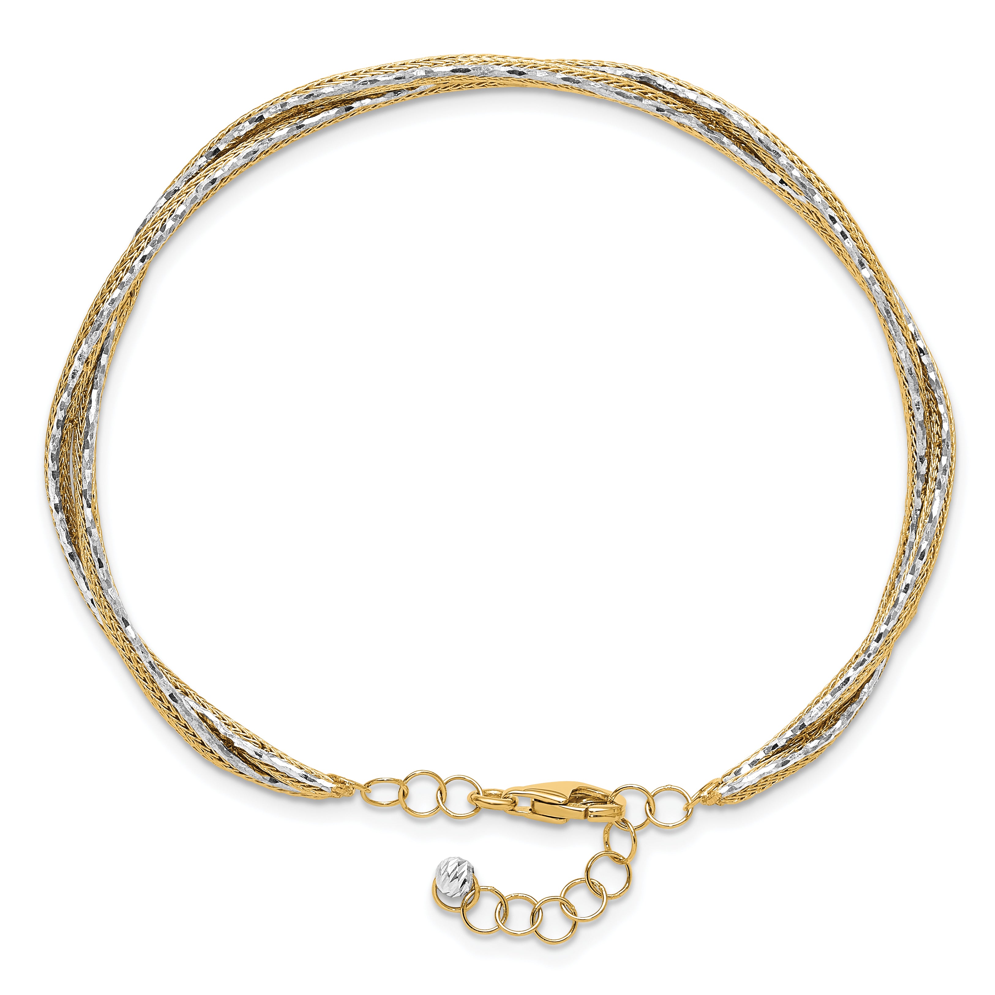 14K Two-tone Dia-cut and Textured Braided with Safety Chain Bangle