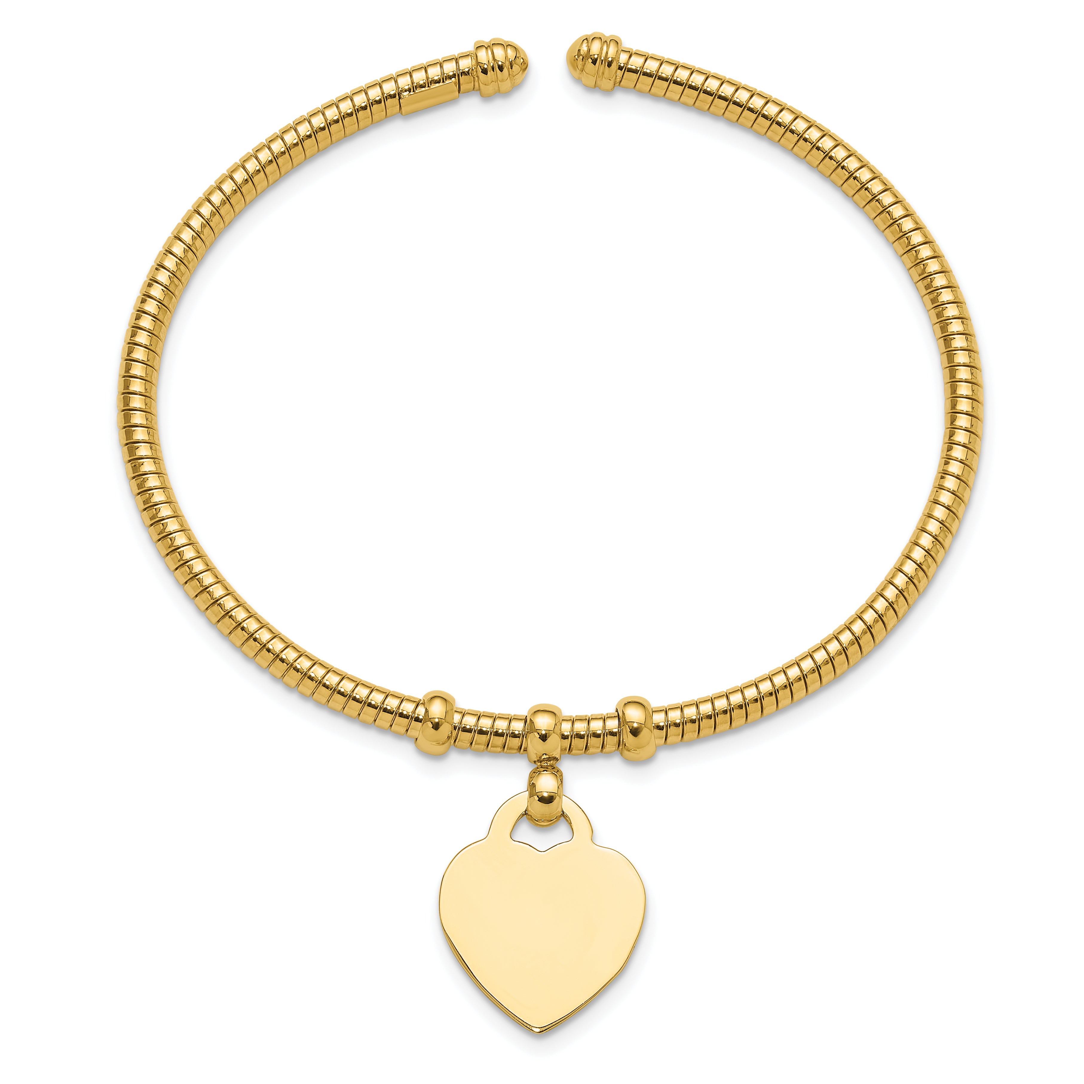 14K Polished and Textured Flexible Heart Dangle Bangle Bracelet