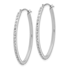 **14K White Gold Diamond Oval Hoop Earrings with Polished Rhodium Finish**