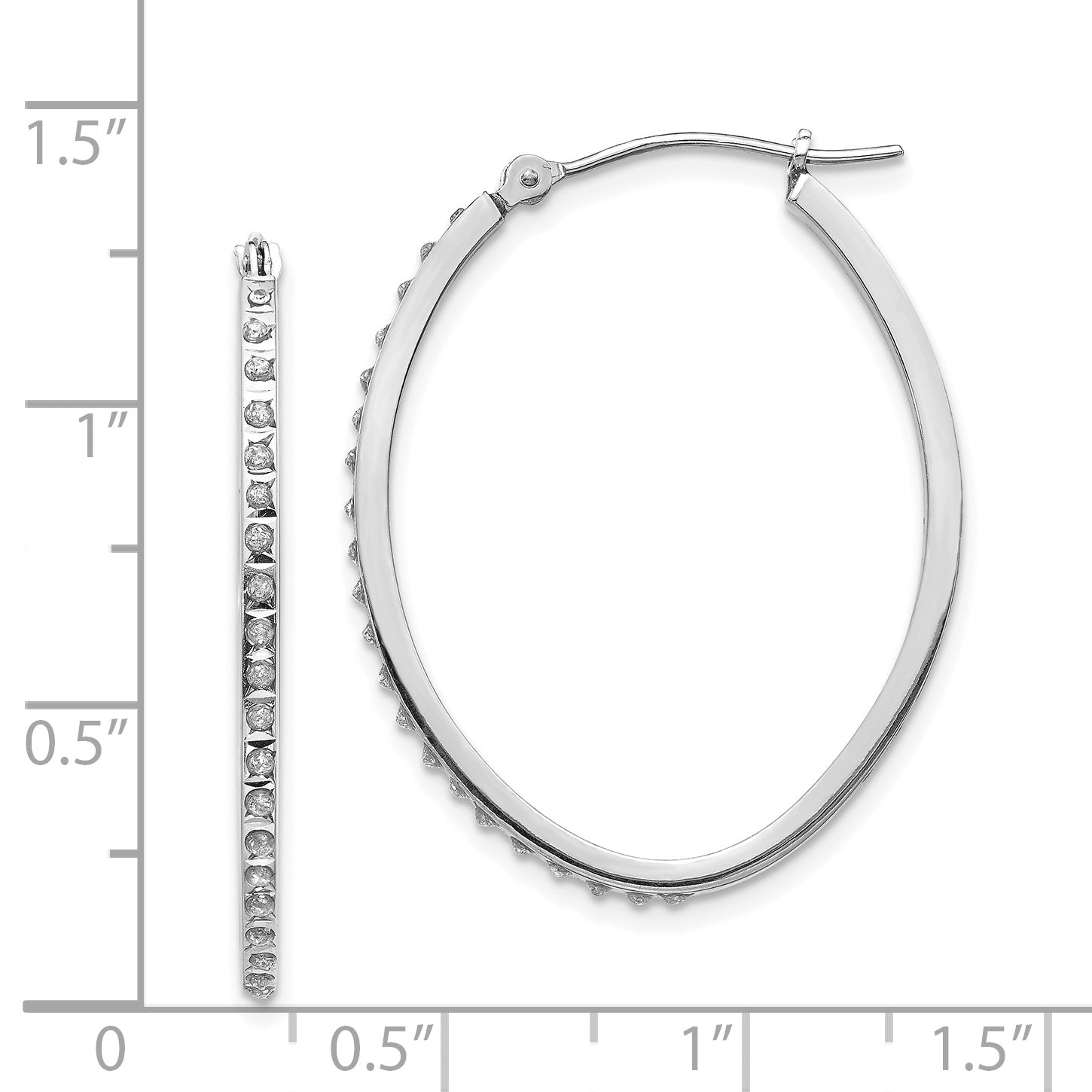 **14K White Gold Diamond Oval Hoop Earrings with Polished Rhodium Finish**