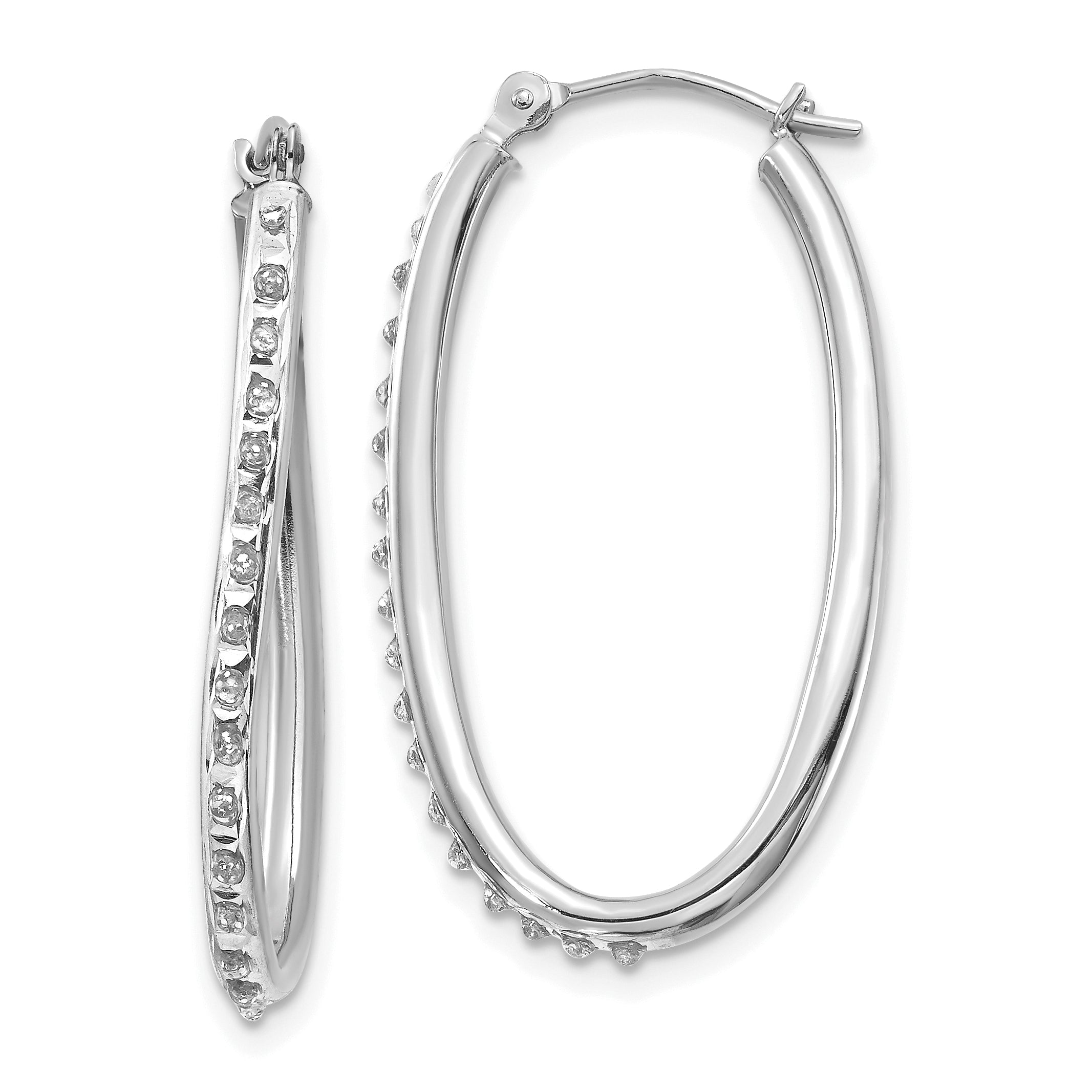 14k White Gold Diamond Fascination Oval Hinged Hoop Earrings