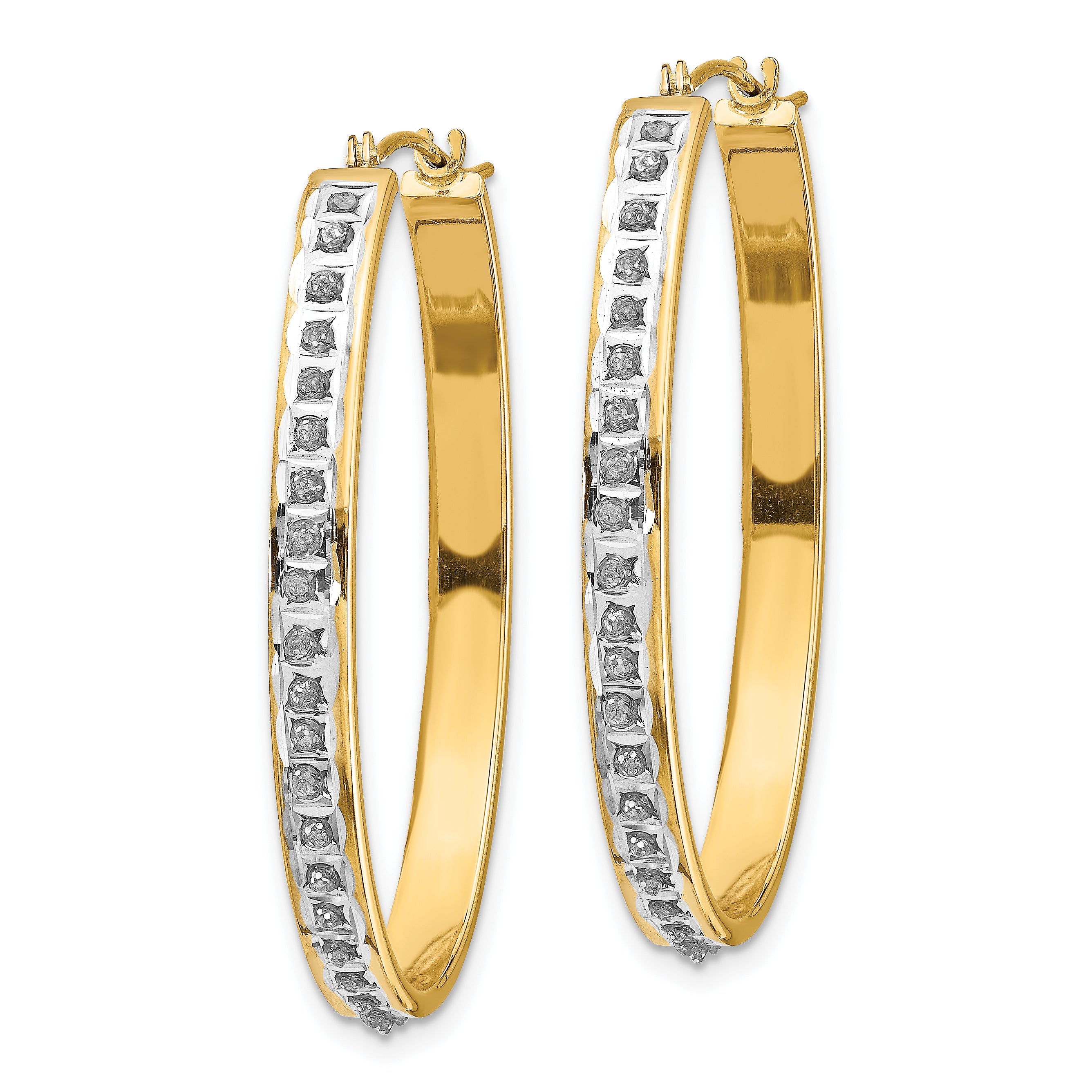 14K Gold Diamond Fascination Oval Hoop Earrings, Polished and Hinged 37mm