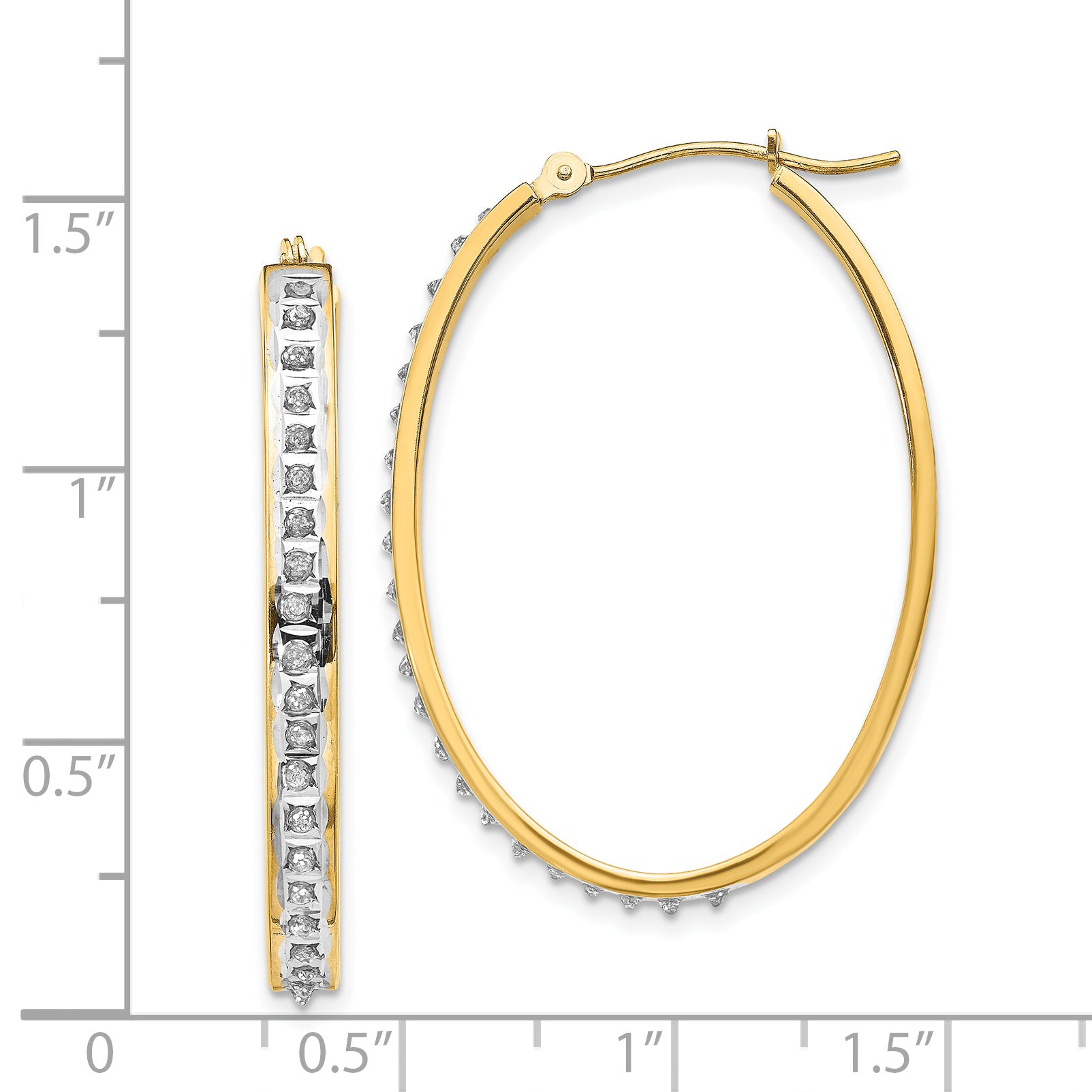 14K Gold Diamond Fascination Oval Hoop Earrings, Polished and Hinged 37mm