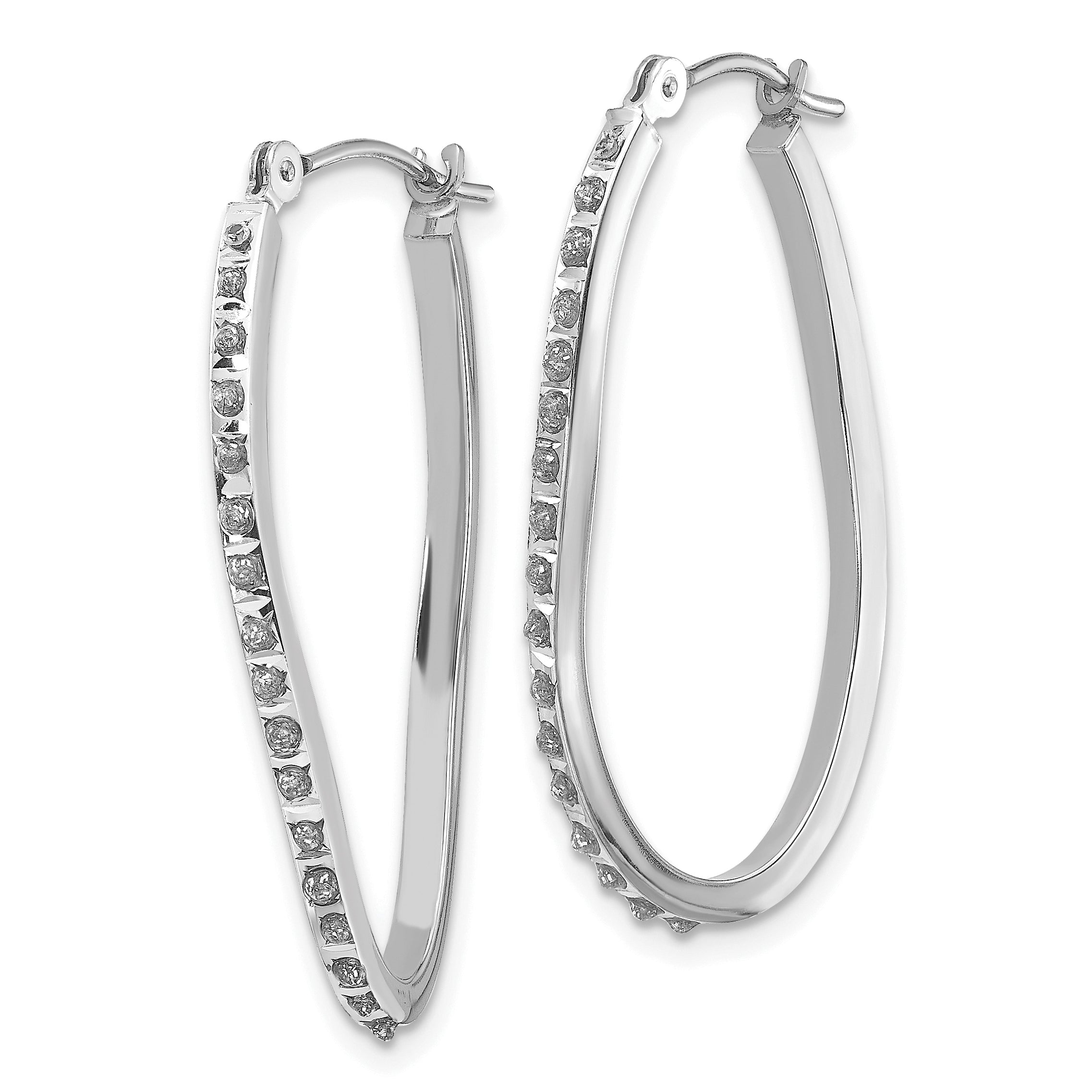 14K White Gold Diamond Twist Hoop Earrings, Polished and Rhodium-Plated