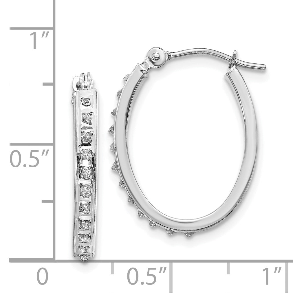 14K White Gold Diamond Oval Hoop Earrings with Polished Rhodium Finish