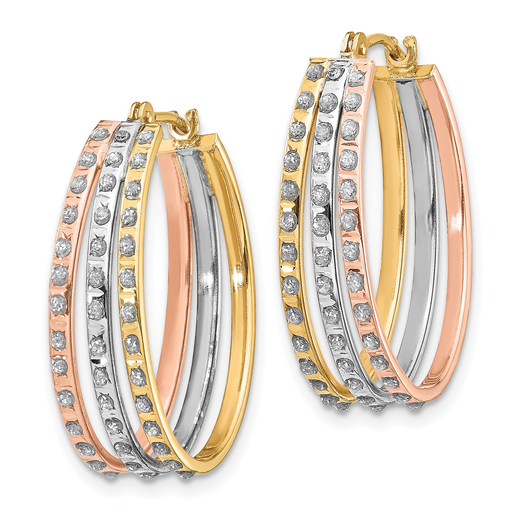 14K Tri-Color Gold Diamond Hoop Earrings with Polished Finish