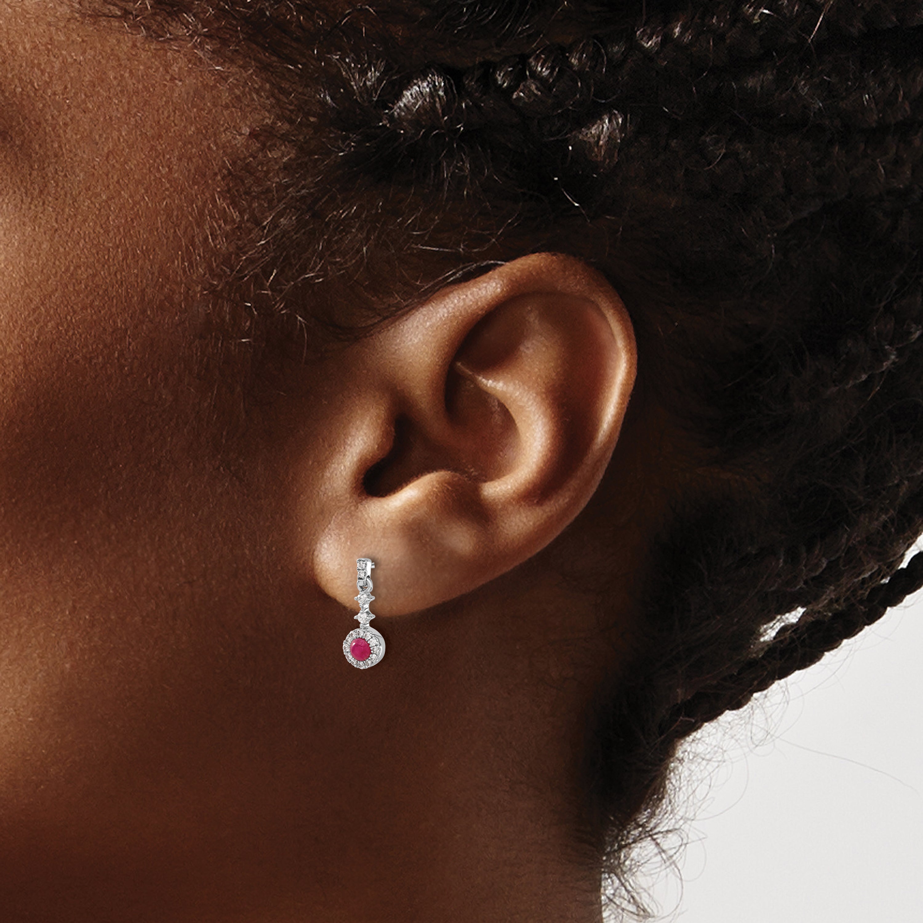 14K White Gold Lab Grown Diamond and Cabochon Created Ruby Earrings