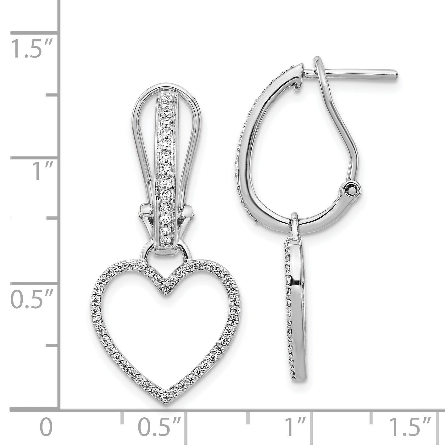 14k White Gold Diamond Heart Dangle Omega Back Earrings