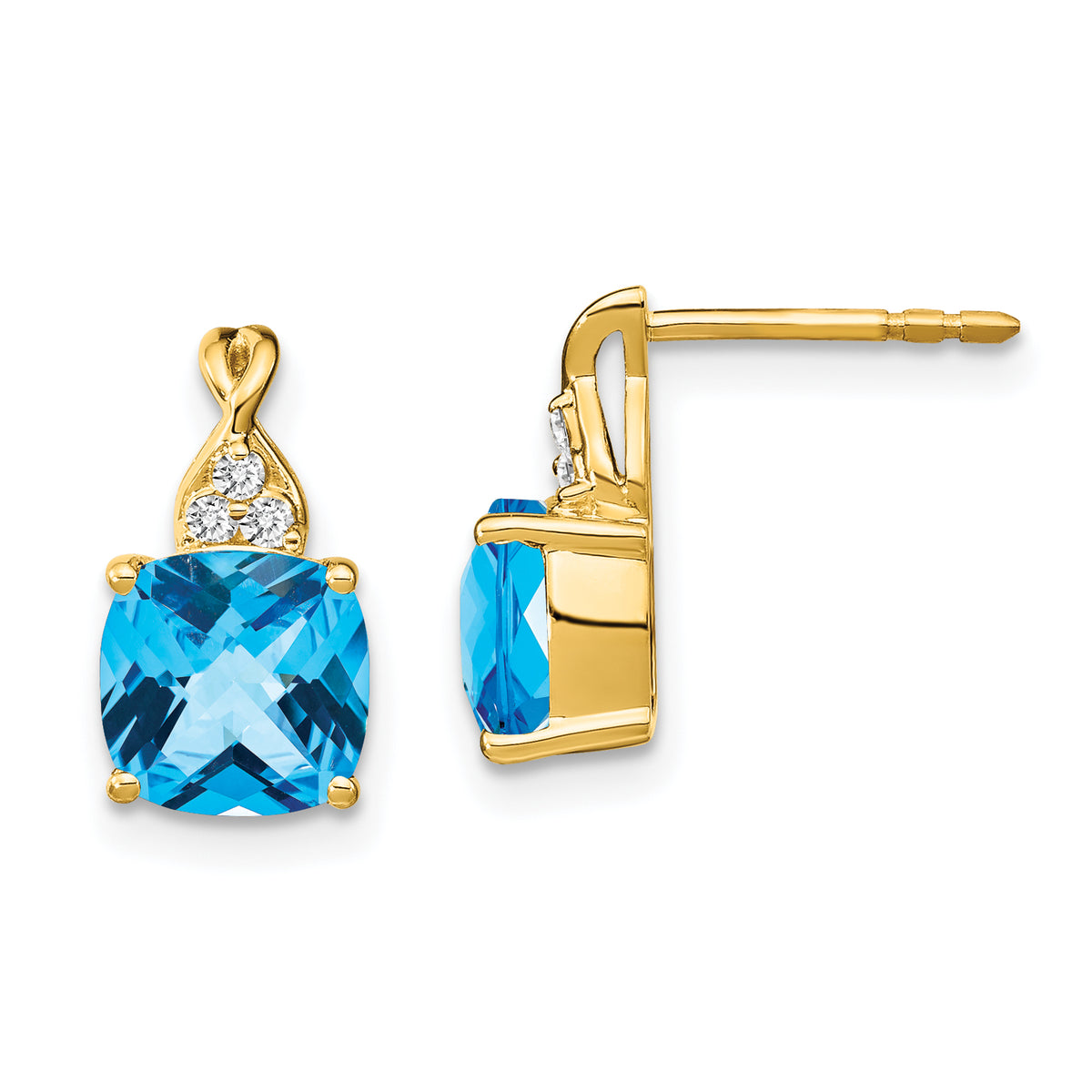 10k Checkerboard Blue Topaz and Diamond Earrings