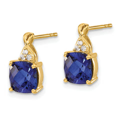 10k Checkerboard Created Sapphire and Diamond Earrings