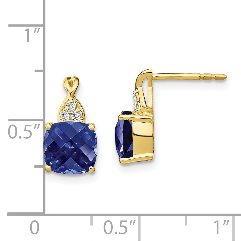 10k Checkerboard Created Sapphire and Diamond Earrings