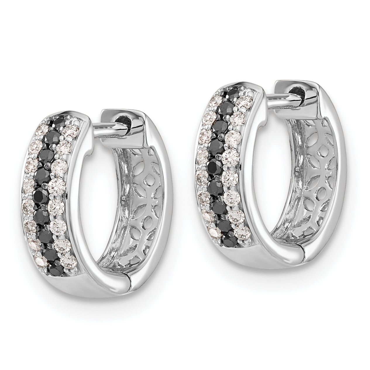 10k White Gold Black and White Diamond Hinged Hoop Earrings