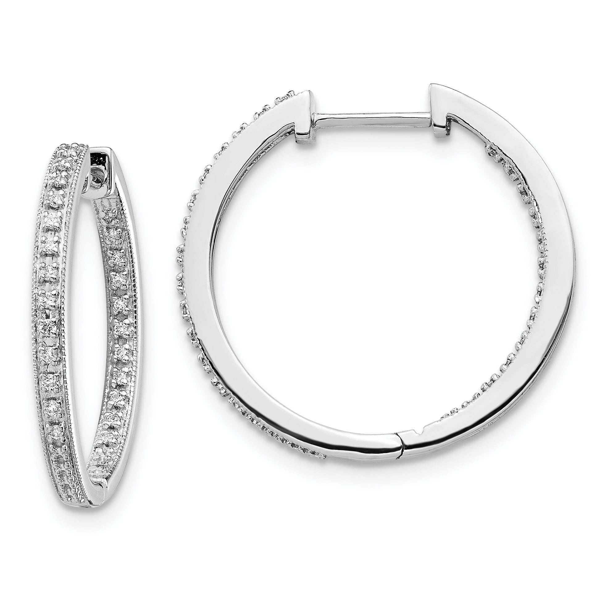 10k White Gold Polished Diamond In/Out Hinged Hoop Earrings