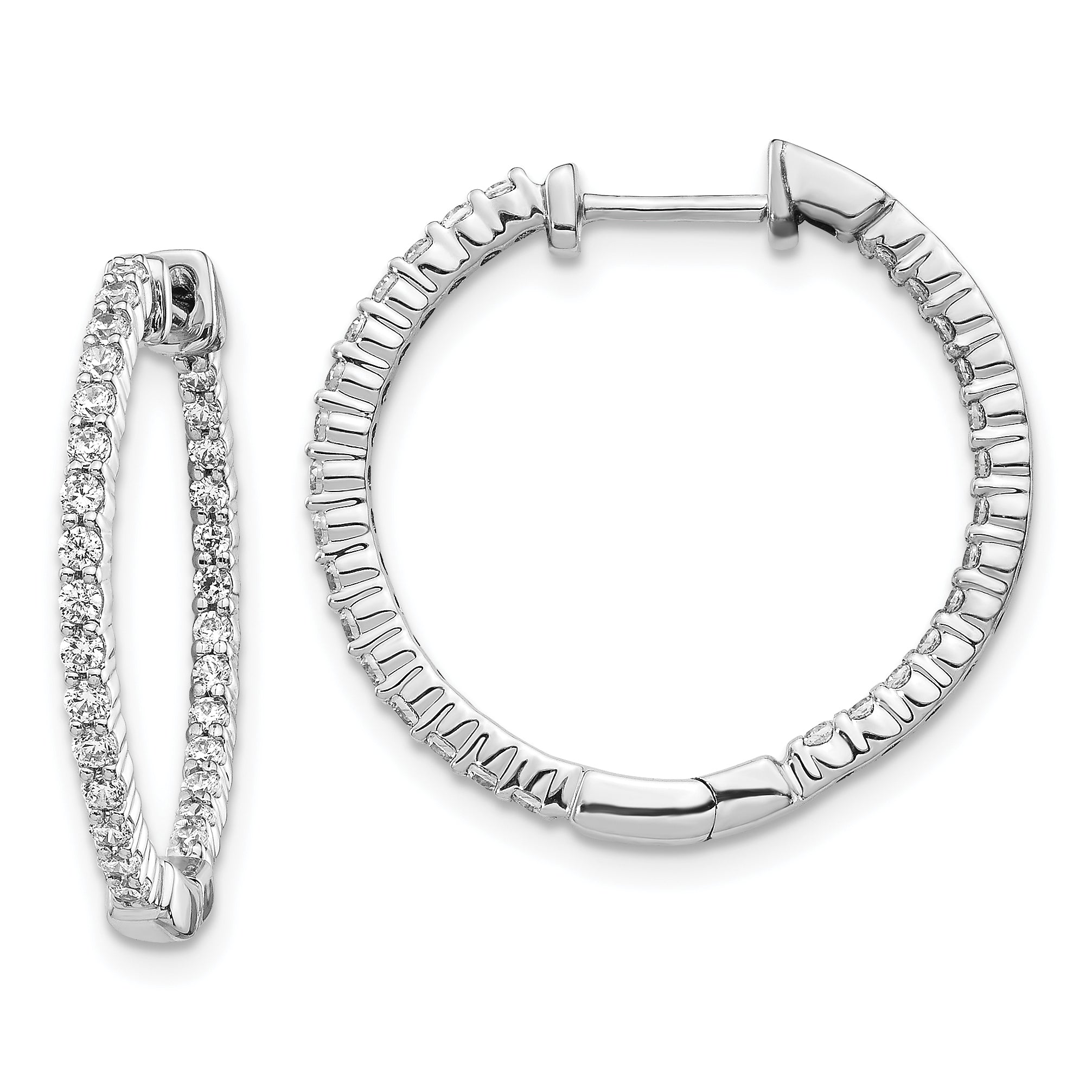 10k White Gold Polished Diamond In/Out Hinged Hoop Earrings