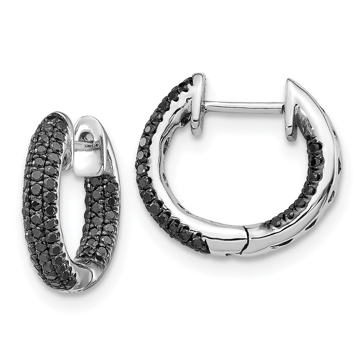 10k White Gold Black Diamond Hinged Hoop Earrings