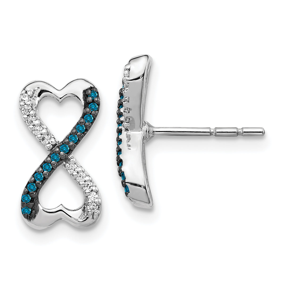 14k White Gold Blue and White Diamond Infinity Heart Post Earrings