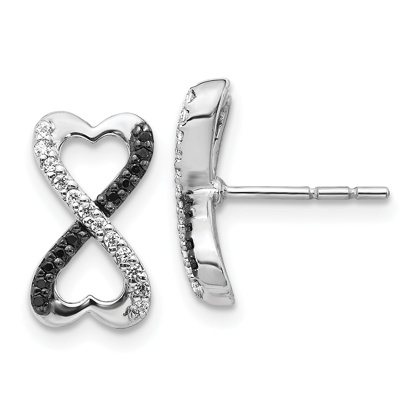 14k White Gold Black and White Diamond Infinity Heart Post Earrings