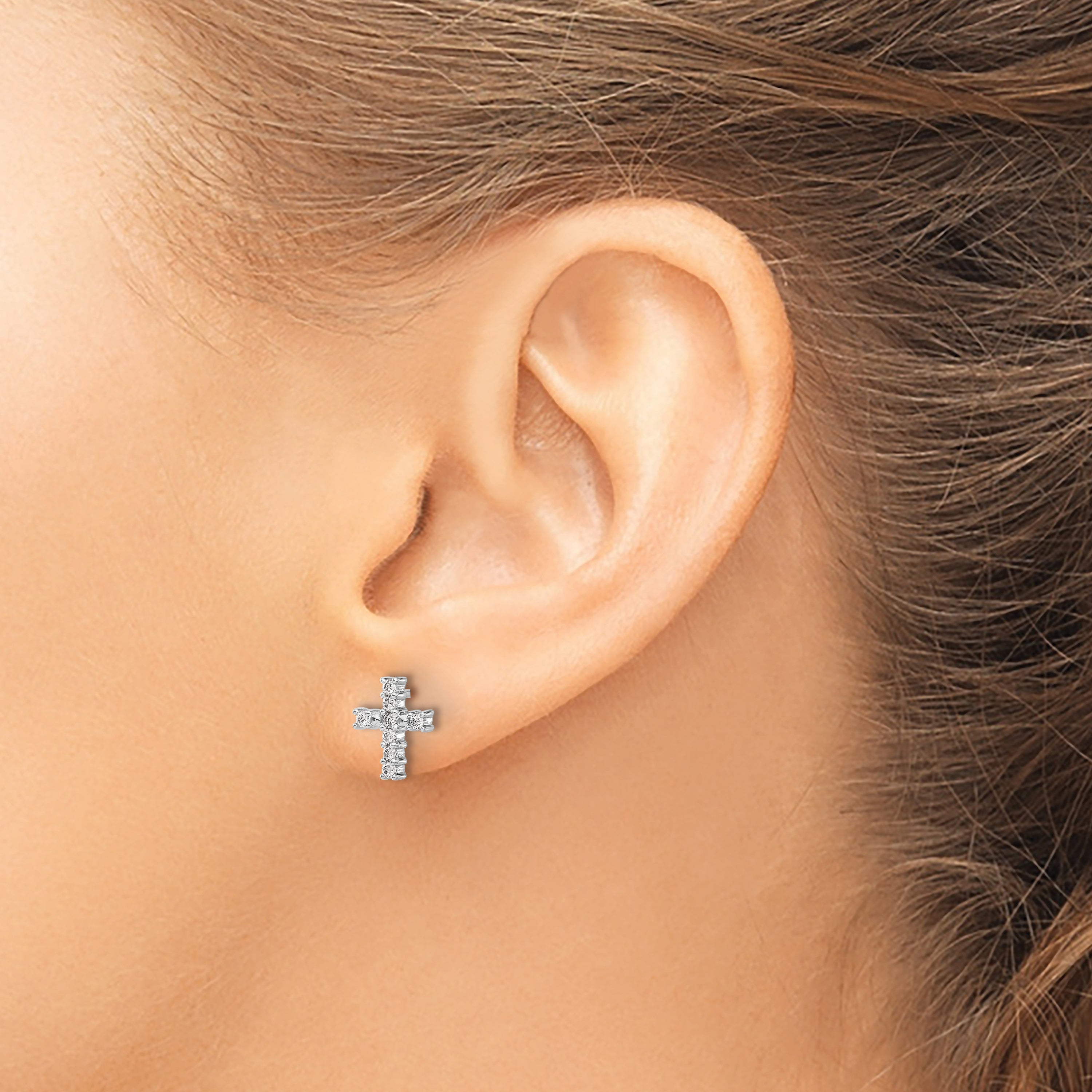 14k White Gold Polished Diamond Cross Post Earrings