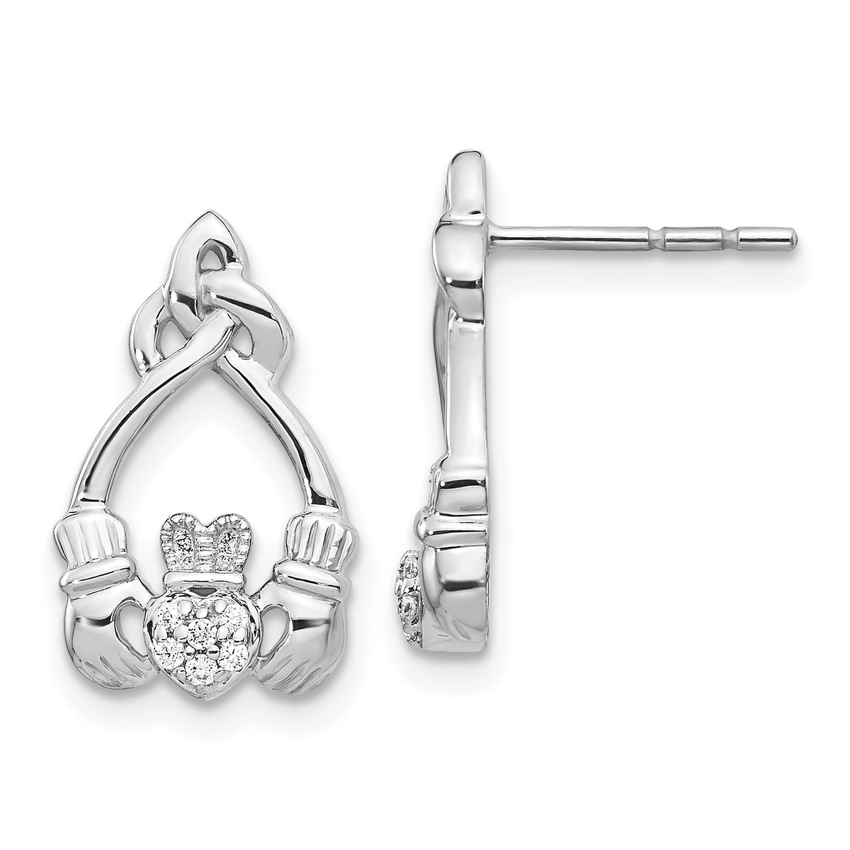 14k White Gold Diamond Claddagh Post Earrings