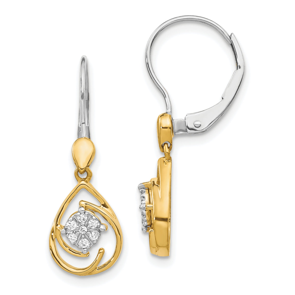 10k Two-tone Diamond Teardrop Dangle Leverback Earrings