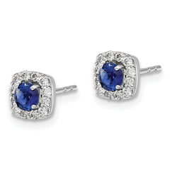 14K White Gold Lab Grown Diamond and Cr Sapphire Square Halo Earrings