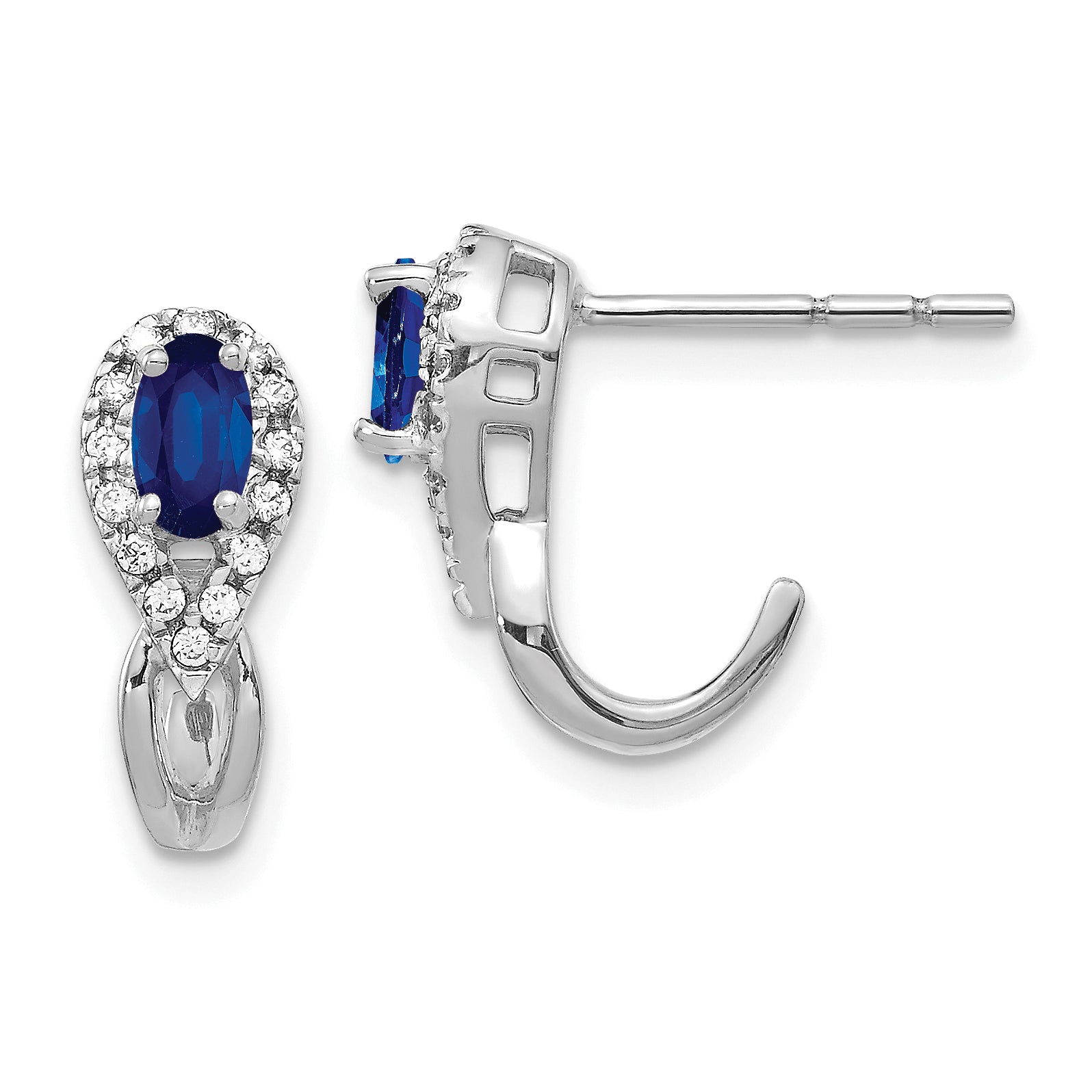 10k White Gold Diamond and Sapphire J Hoop Post Earrings