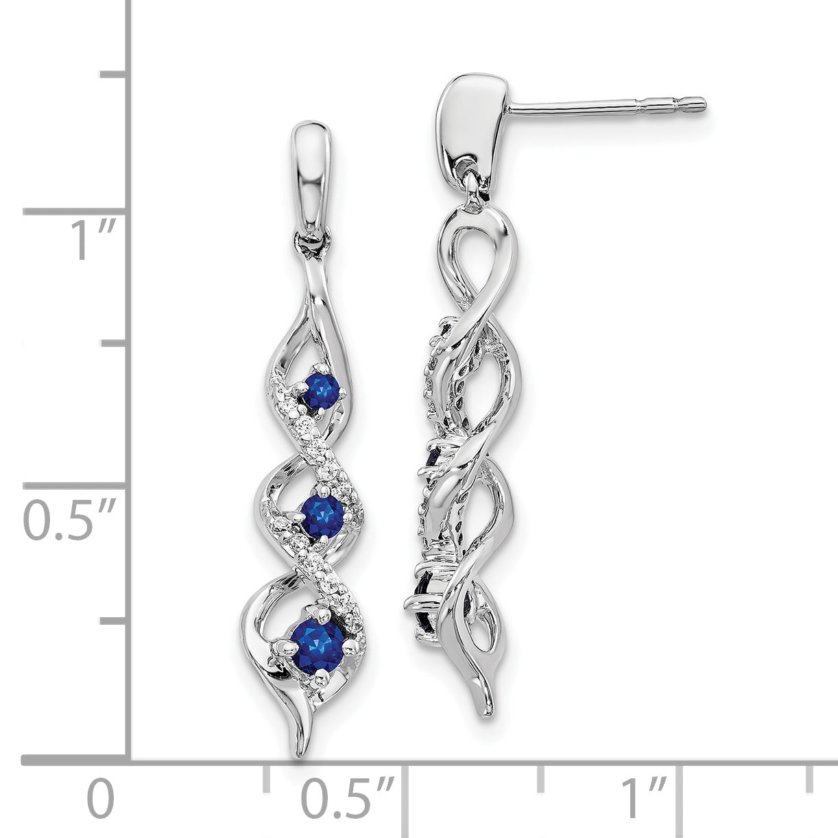 10k White Gold Diamond and Blue Sapphire 3 Stone Post Dangle Earrings