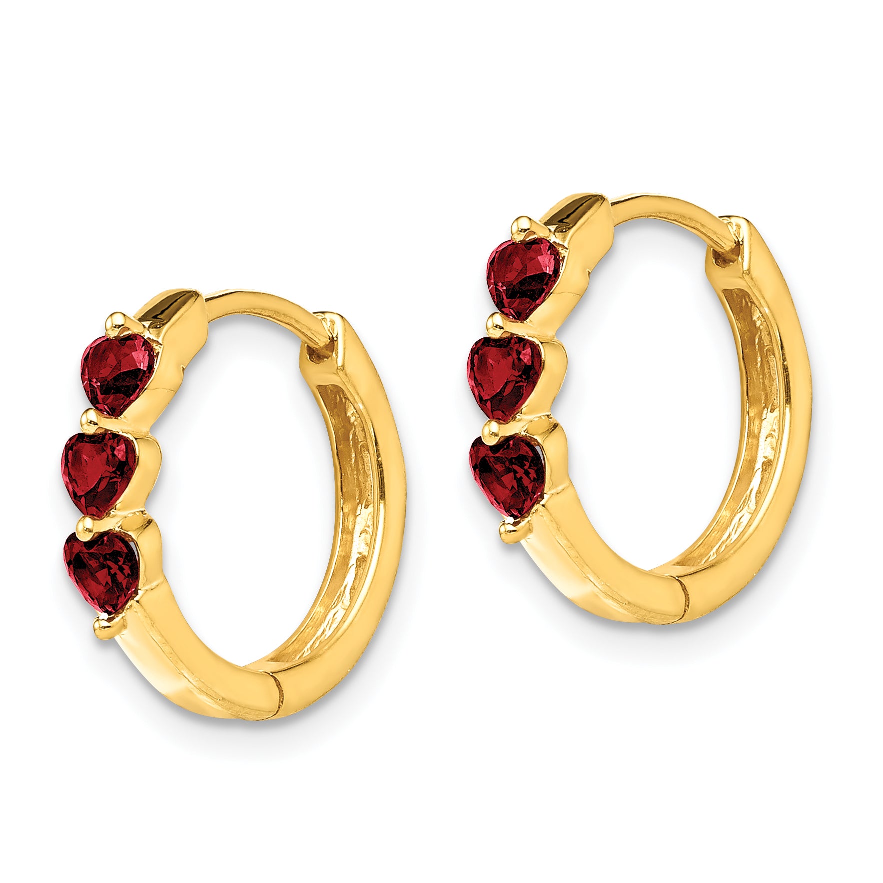 10k 3 Stone Created Ruby Polished Hinged Hoop Earrings