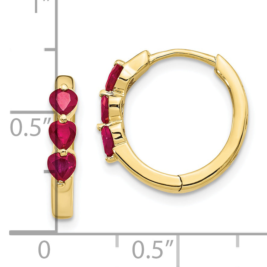 10k 3 Stone Created Ruby Polished Hinged Hoop Earrings