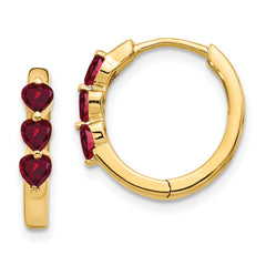 10k 3 Stone Created Ruby Polished Hinged Hoop Earrings