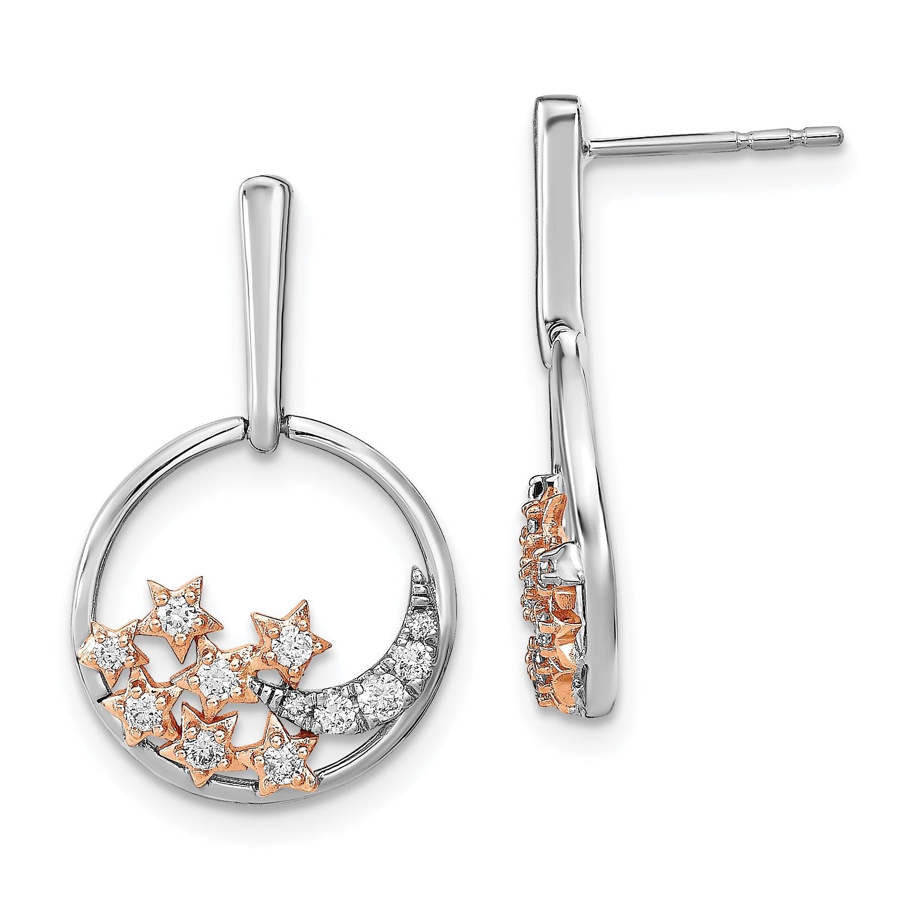 14k Two-tone Moon and Stars Circle Diamond Post Earrings