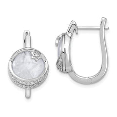 14k White Gold Dia. & Moonstone Moon & Star Hinged Hoop Earrings