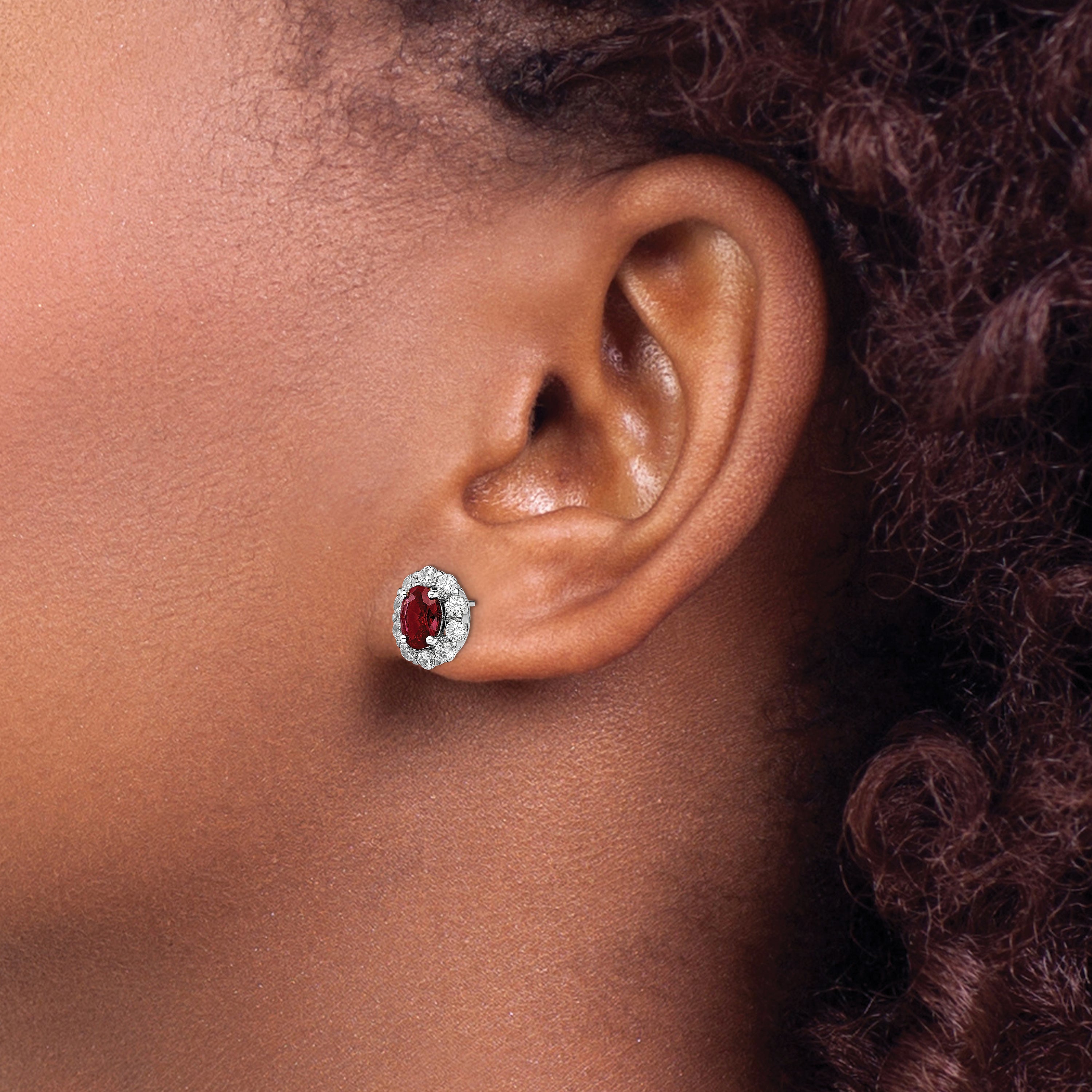 14K White Gold Lab Grown Diamond and Oval Created Ruby Fashion Earrings