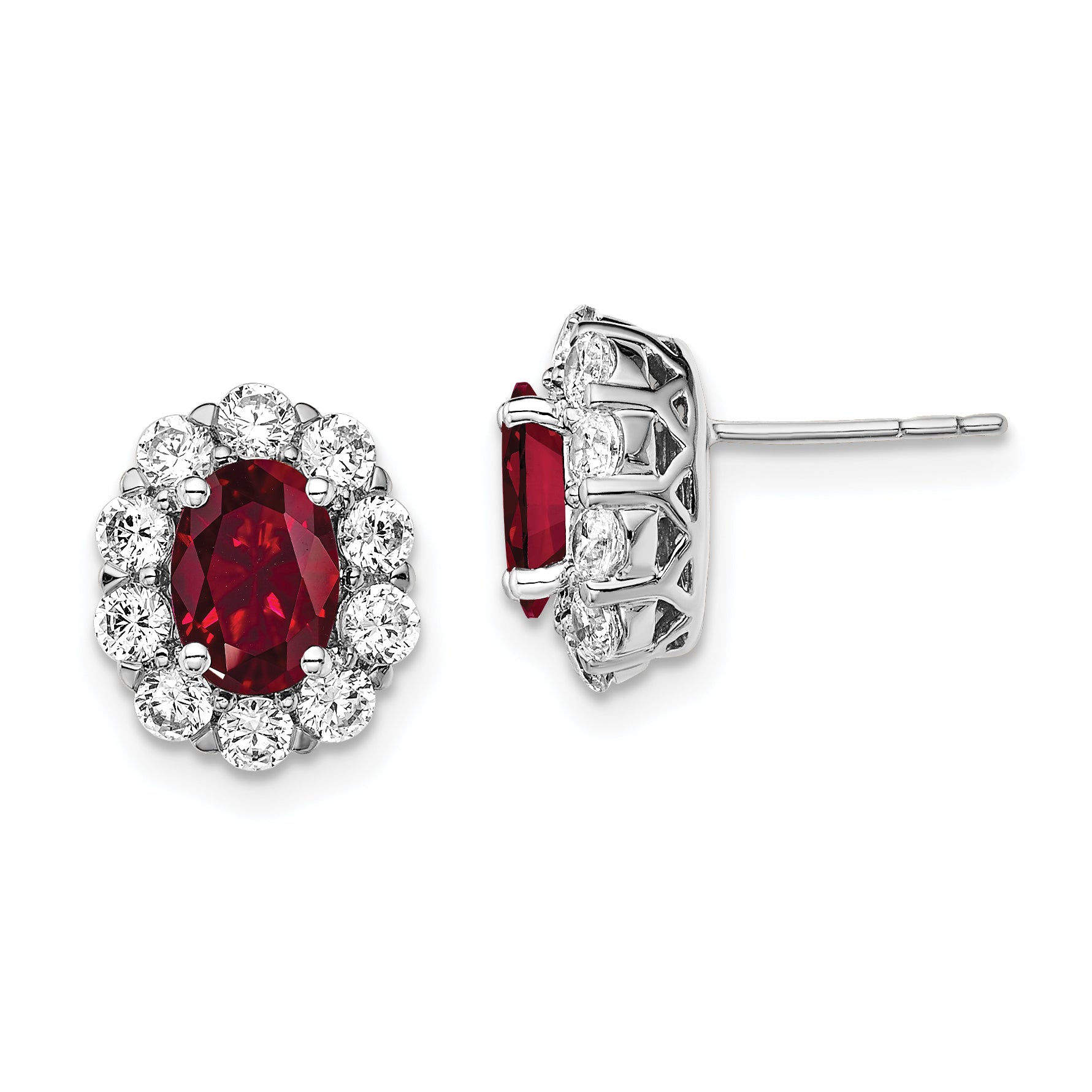 14K White Gold Lab Grown Diamond and Oval Created Ruby Fashion Earrings