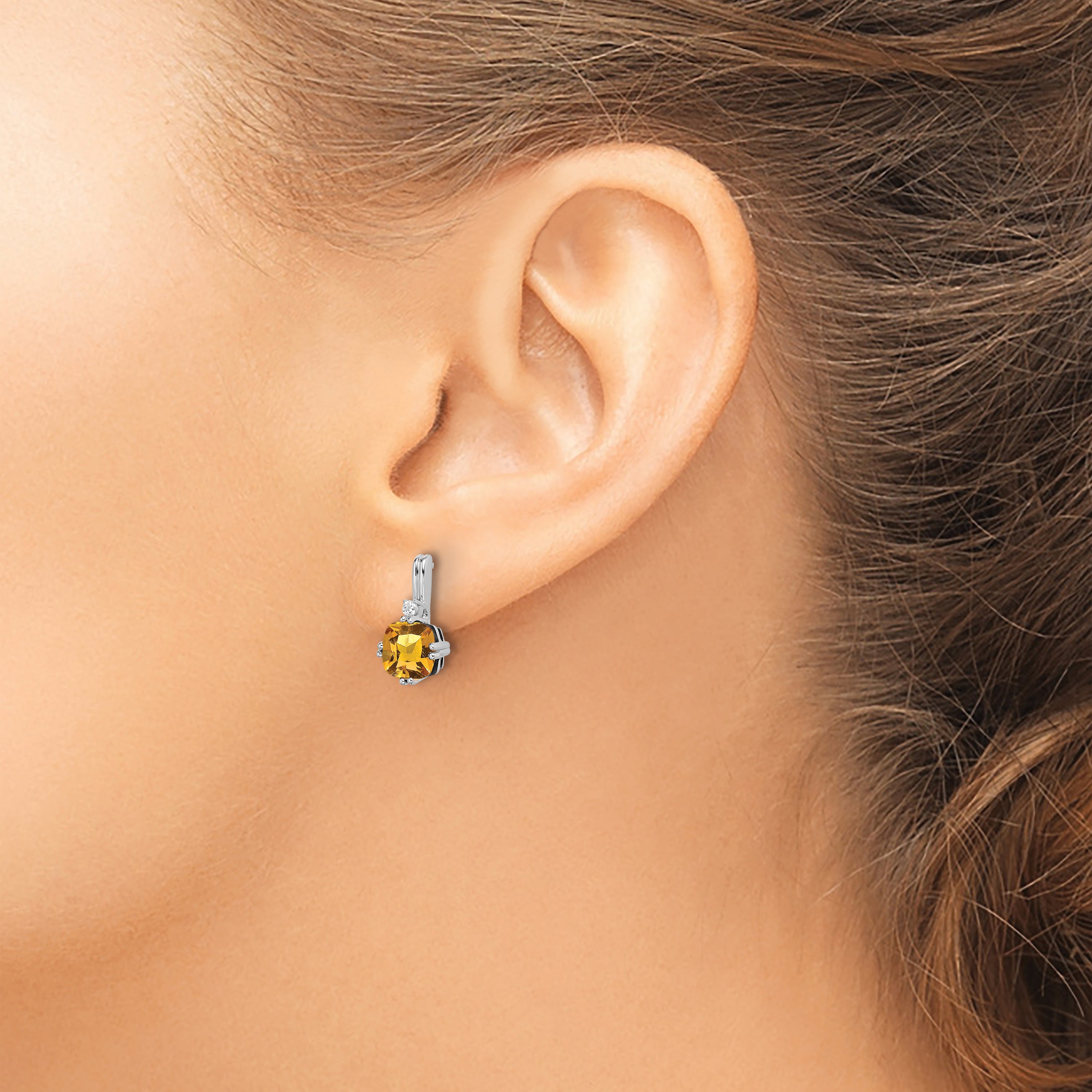 10k White Gold Cushion Citrine and Diamond Earrings