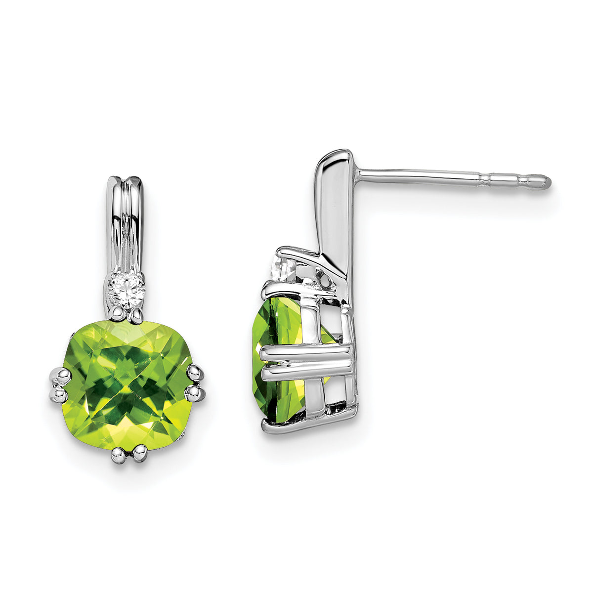 10k White Gold Cushion Peridot and Diamond Earrings