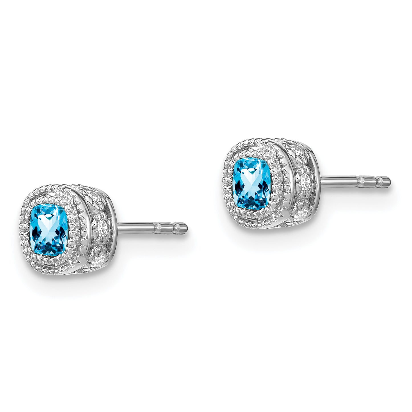 10k White Gold Cushion Blue Topaz and Diamond Earrings