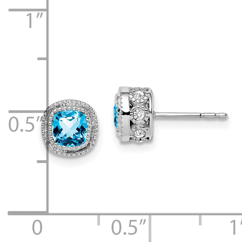 10k White Gold Cushion Blue Topaz and Diamond Earrings