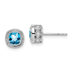 10k White Gold Cushion Blue Topaz and Diamond Earrings