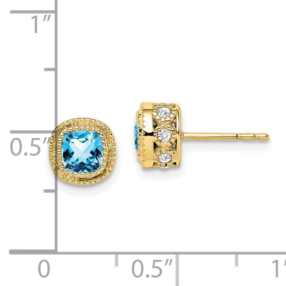 10k Cushion Blue Topaz and Diamond Earrings