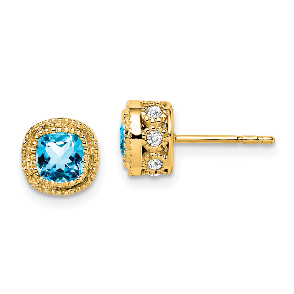 10k Cushion Blue Topaz and Diamond Earrings