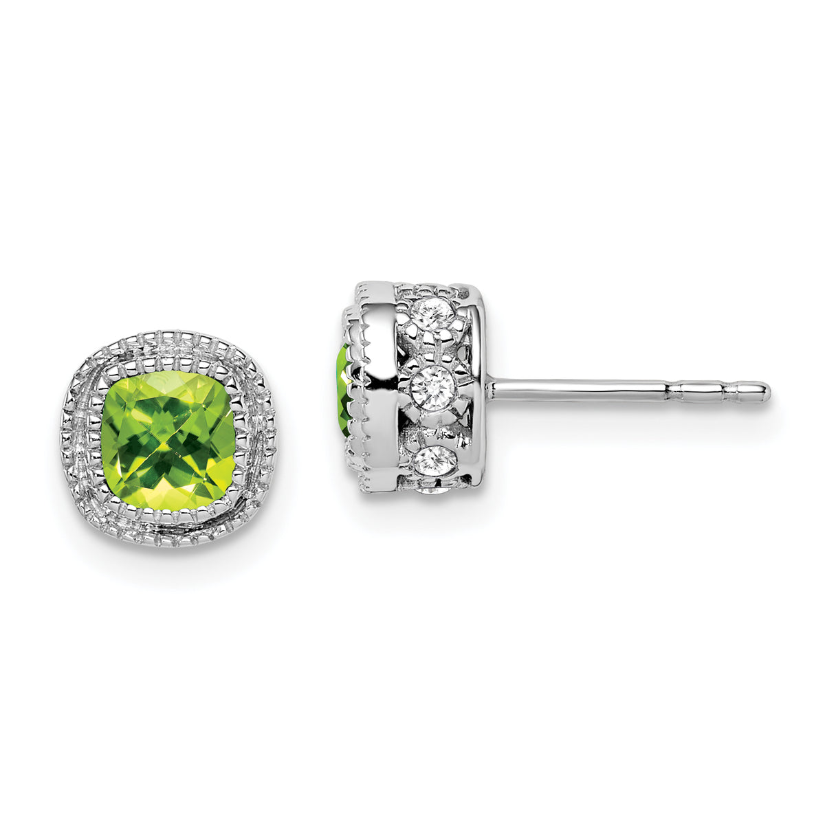 10k White Gold Cushion Peridot and Diamond Earrings