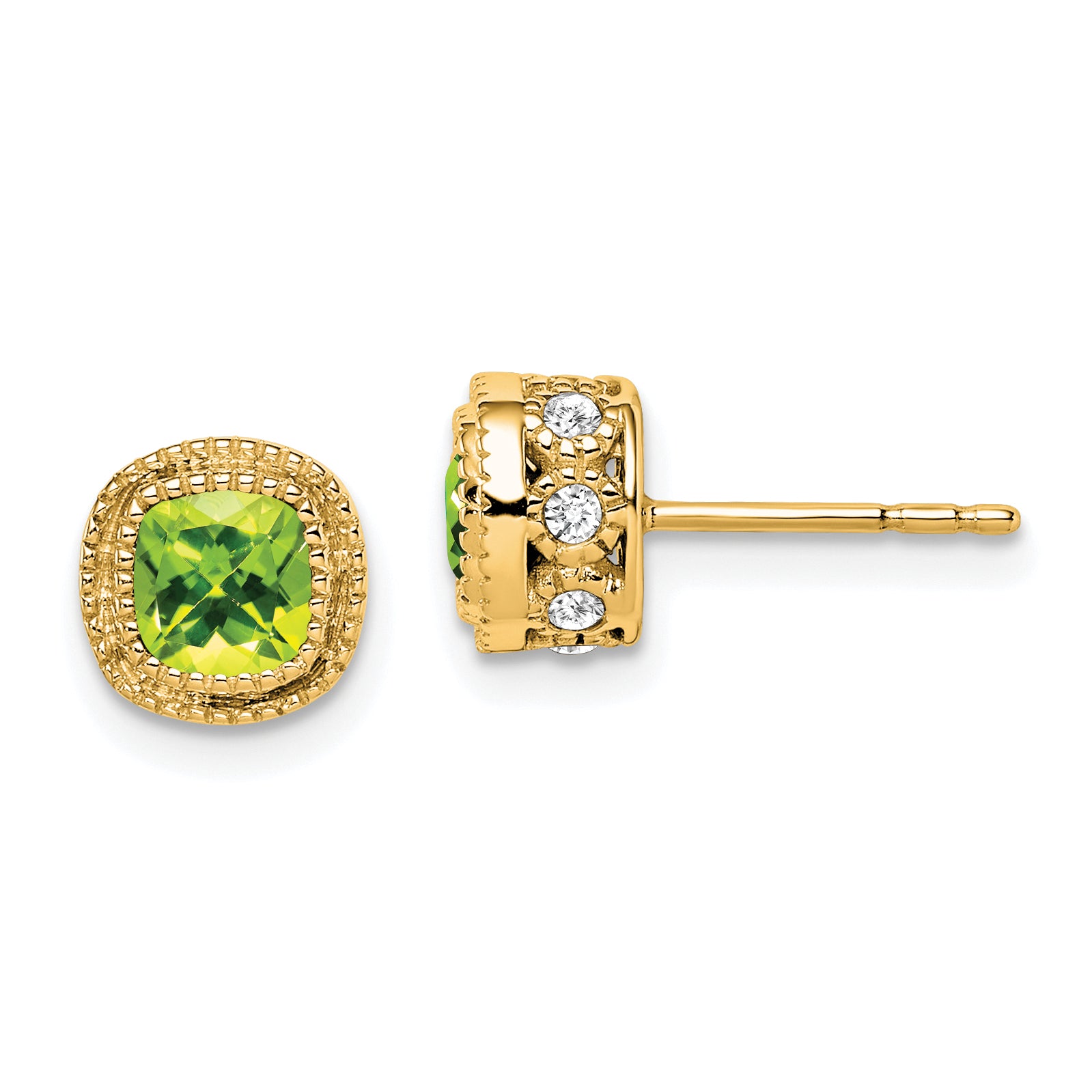 10k Cushion Peridot and Diamond Earrings