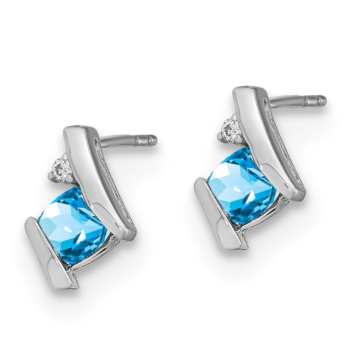 10k White Gold Cushion Blue Topaz and Diamond Earrings