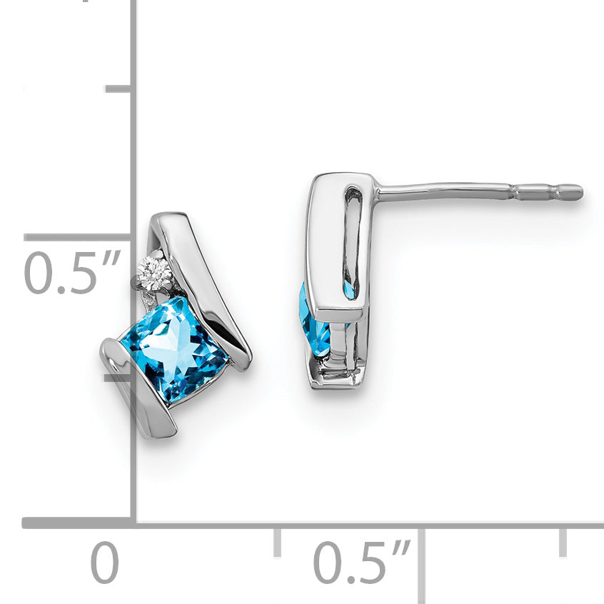 10k White Gold Cushion Blue Topaz and Diamond Earrings