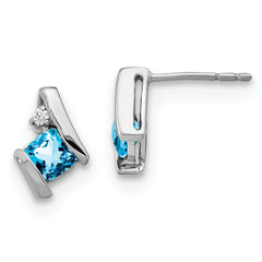 10k White Gold Cushion Blue Topaz and Diamond Earrings