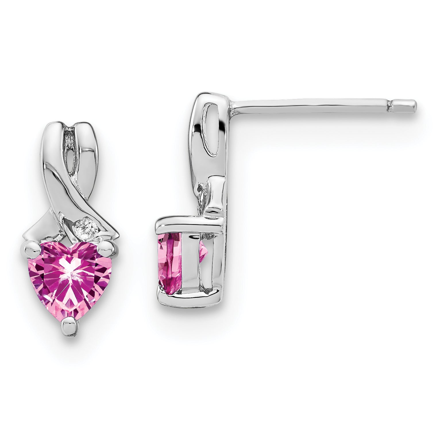 Sterling Silver Rhod-plated Created Pink Sapphire/Diamond Earrings